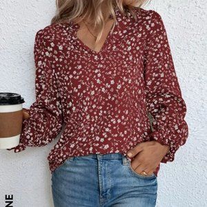SHEIN LUNE Ditsy Floral Flounce Sleeve Blouse in Burgundy Size M - NWT